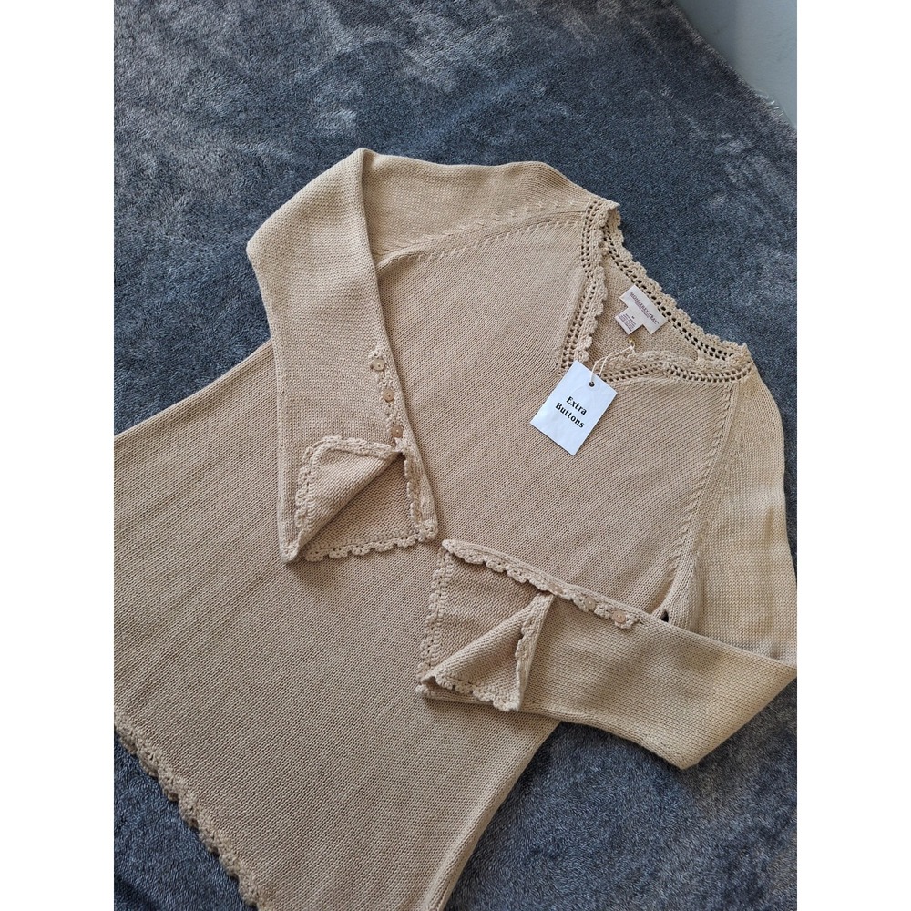 Vtg Monterey Bay Crochet‎ Vneck Sweater Womens L Mocha Boho Granny